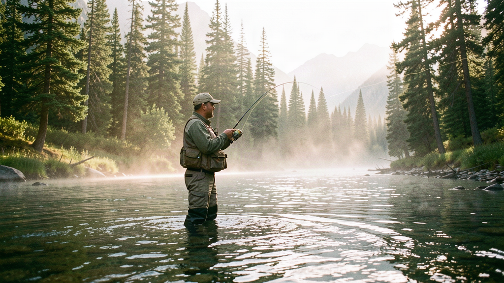 Fly fisherman casting in a mountain stream